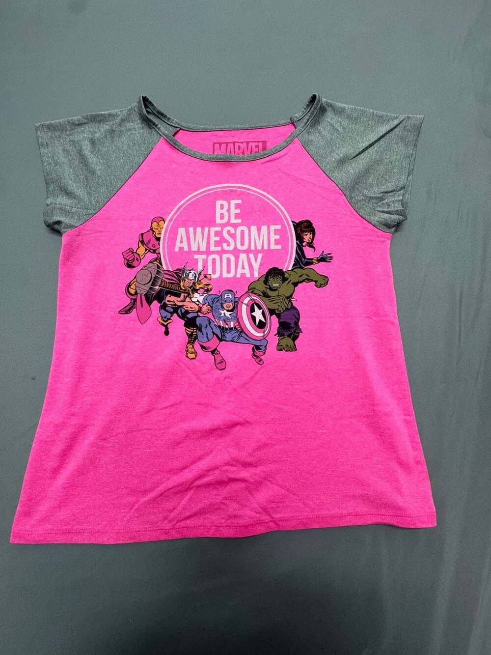 Marvel Be Awesome Today T-Shirt Size XL (14-16) Pink Gray Avengers